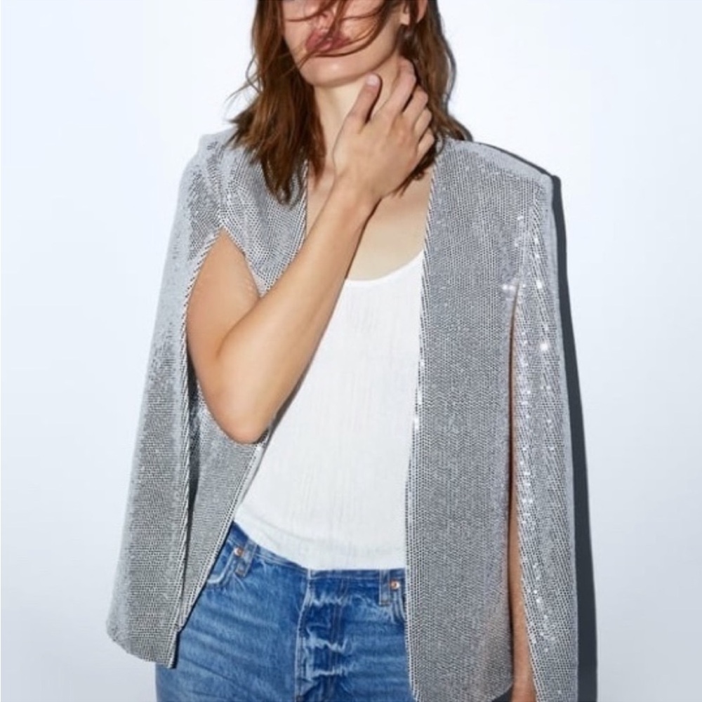 Zara Cape Puncho Blazer Jacket Silver Metallic Sequin NEW - Picture 6 of 13